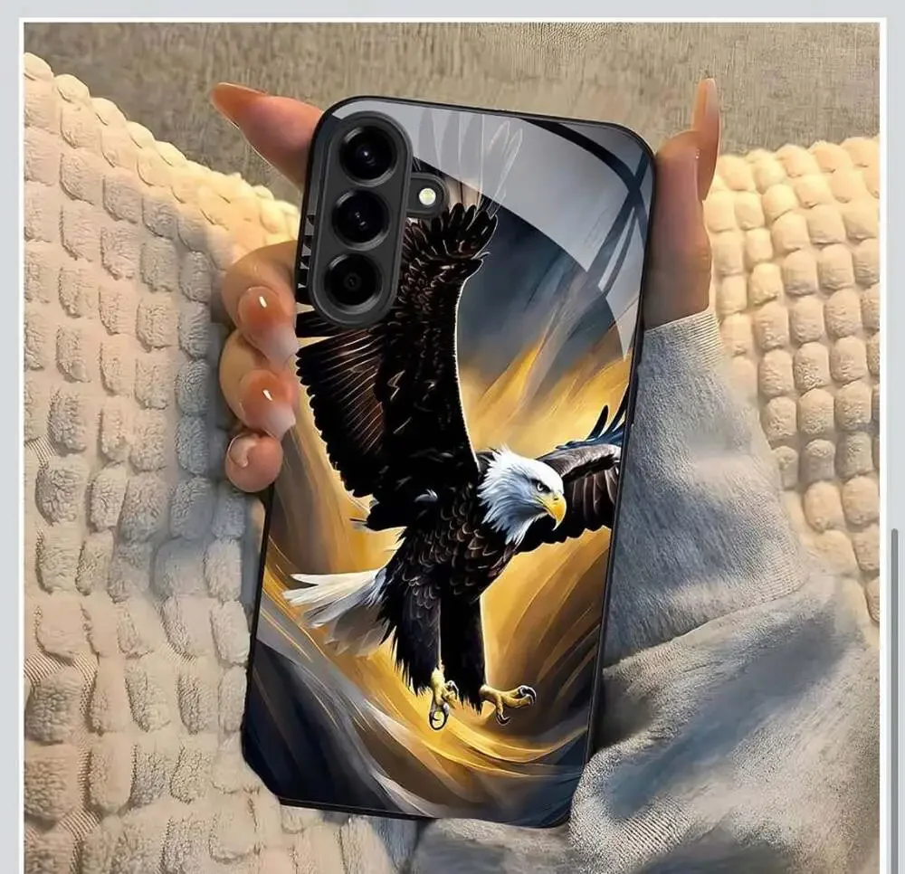 Eagle Tempered Glass Phone Case with Golden Lightning Wings Design